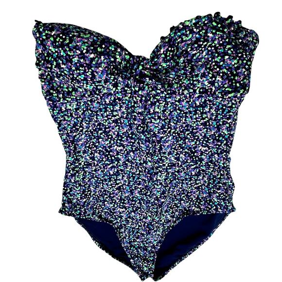 OLD NAVY NWT Medium Ditsy Floral Blue Purple Strapless One Piece Swimsuit Padded - Picture 1 of 10